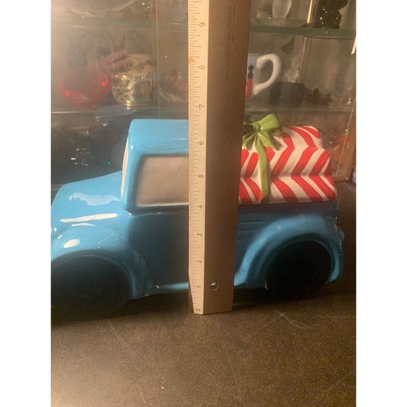 World Market Ceramic Blue Pick-Up Truck Cookie Jar w/Candy Cane Logs - Picture 9 of 10